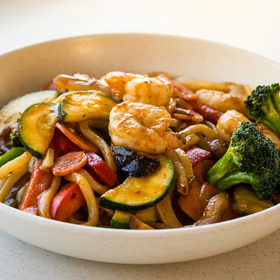 Shrimp and vegetable stir-fry with noodles, zucchini, broccoli, and carrots in a white bowl.