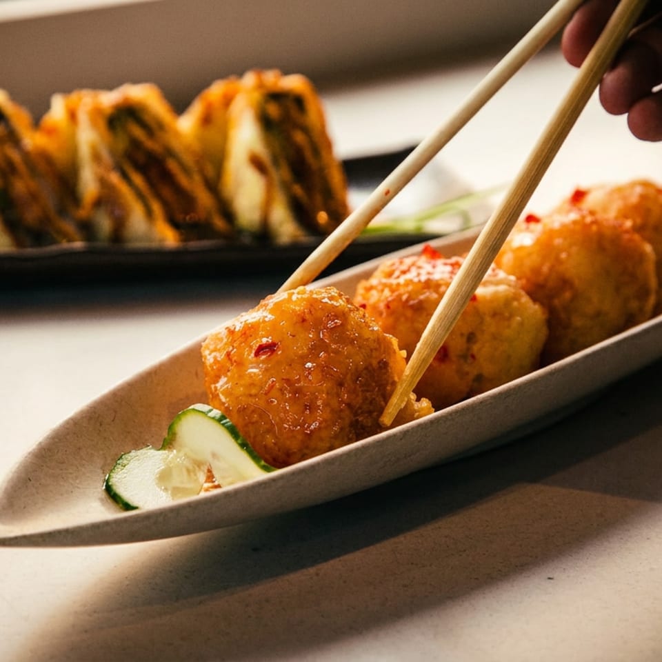 Chopsticks picking up a golden fried appetizer ball from a long dish with cucumber slices.