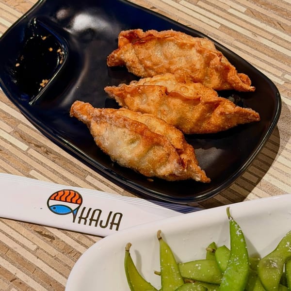 Fried dumplings with dipping sauce, edamame, and Kaja chopsticks on a patterned table.