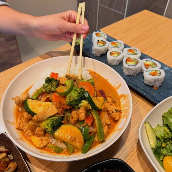 A hand holding chopsticks over a bowl of red curry with chicken and vegetables, with sushi rolls nearby.
